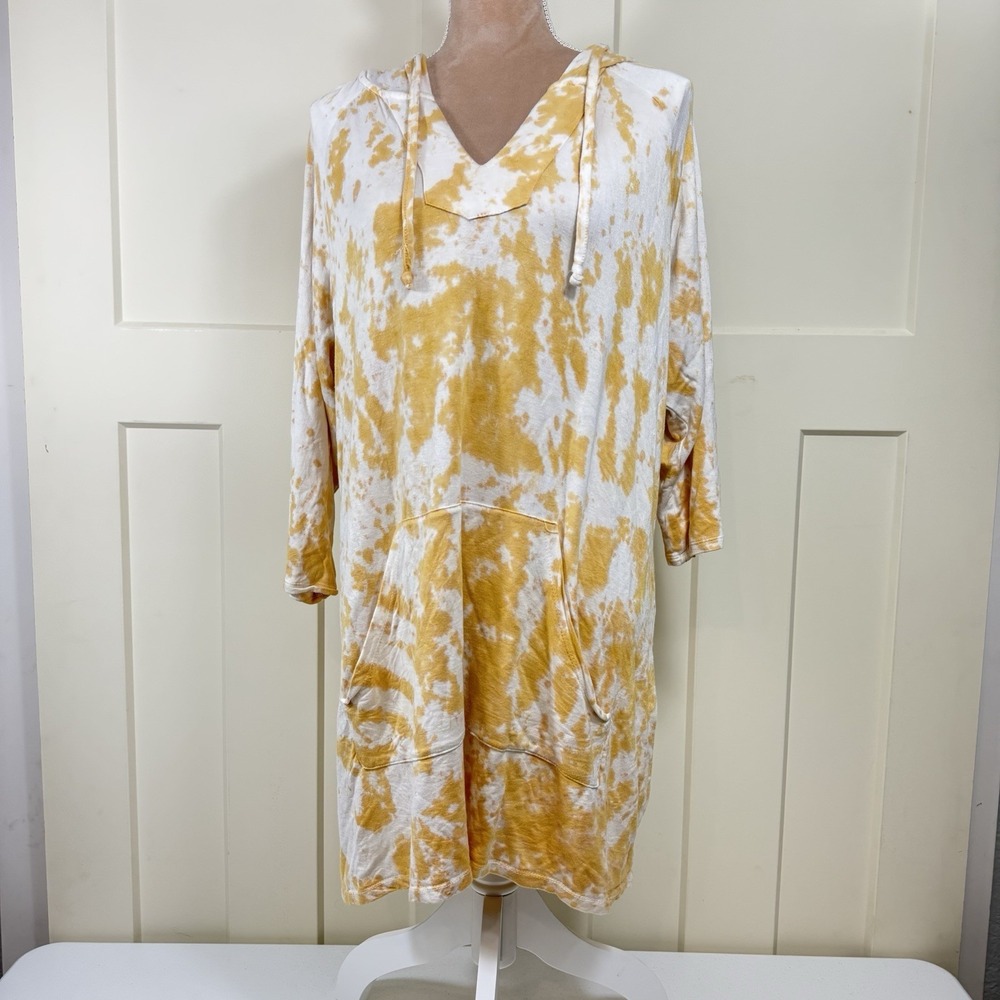 Jones &‎ Co Women's 1X Yellow White Tie Dye  Hoodie Sweatshirt 3/4 Sleeve Y2K